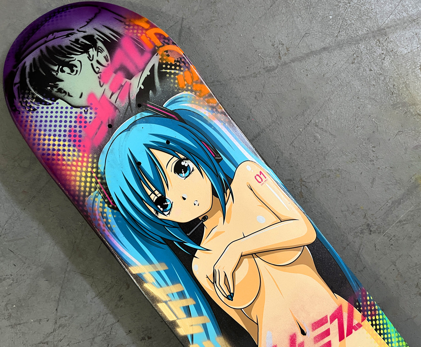 hatsune 8.25 X 32.25 MINT GREEN/PURPLE ANODIZED MIXED PROCESS SIGNED 1 of 1