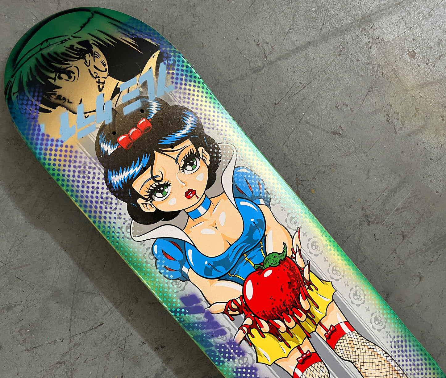 evil snow white 8.5 X 32.25 METALLIC GOLD/AQUA ANODIZED MIXED PROCESS SIGNED 1 of 1