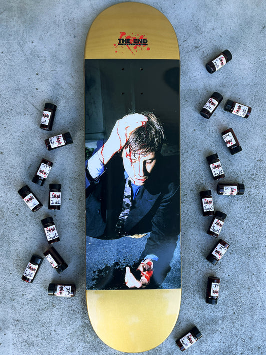 SIGNED jk the end 8.5 X 32.25 METALLIC GOLD w/ "blood" vile collectable