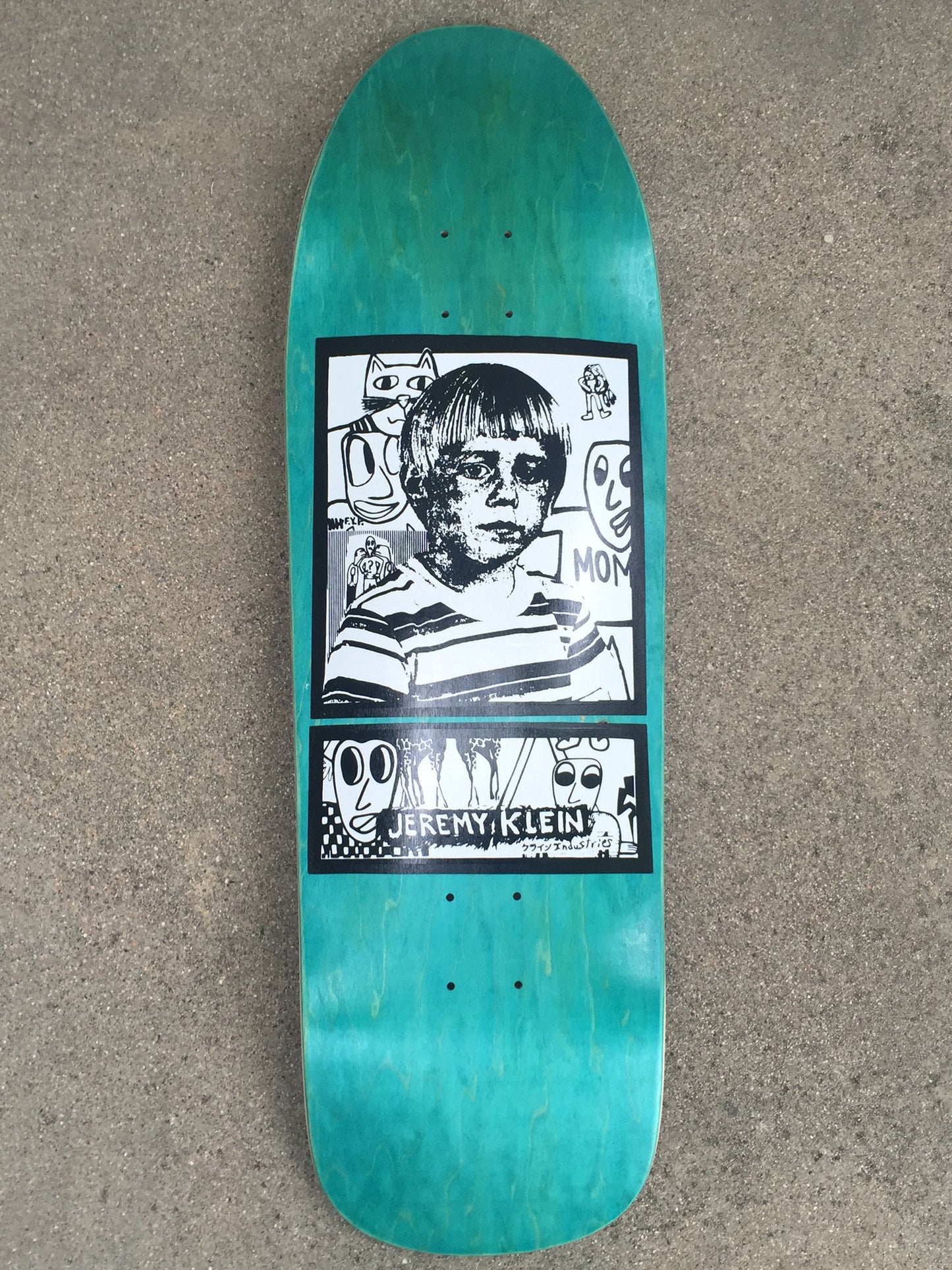 jeremy klein portrait hand screened skateboard 9.75 X 32.25 TEAL BLUE