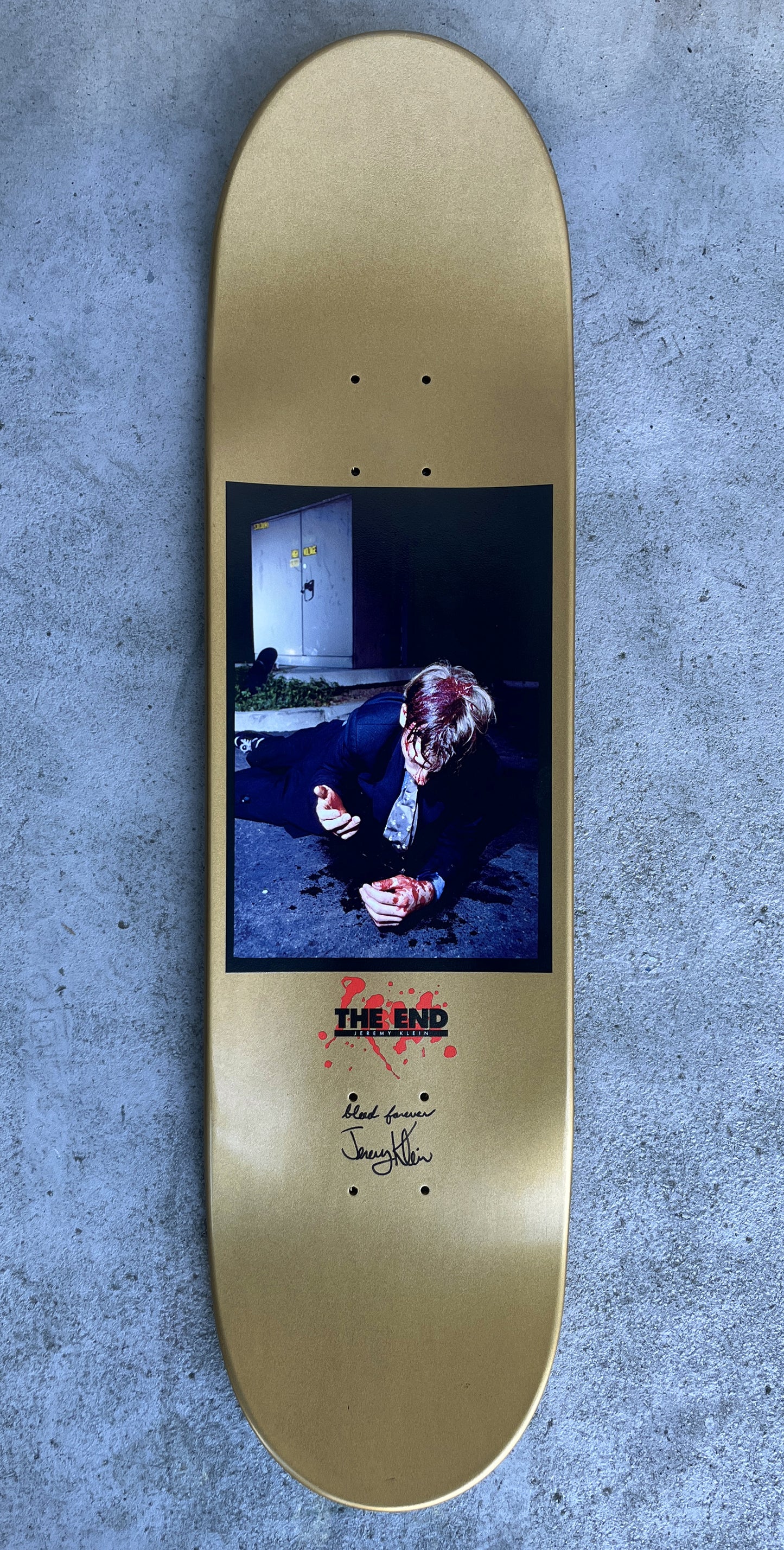 SIGNED jk the end 8.5 X 32.25 METALLIC GOLD w/ "blood" vile collectable