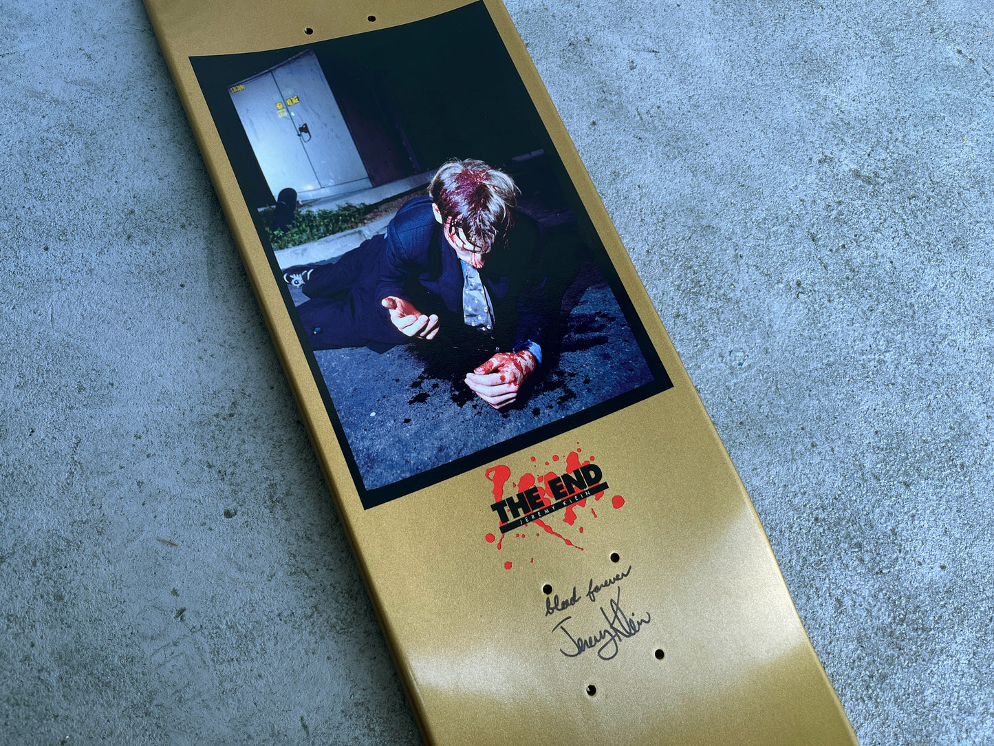 SIGNED jk the end 8.5 X 32.25 METALLIC GOLD w/ "blood" vile collectable