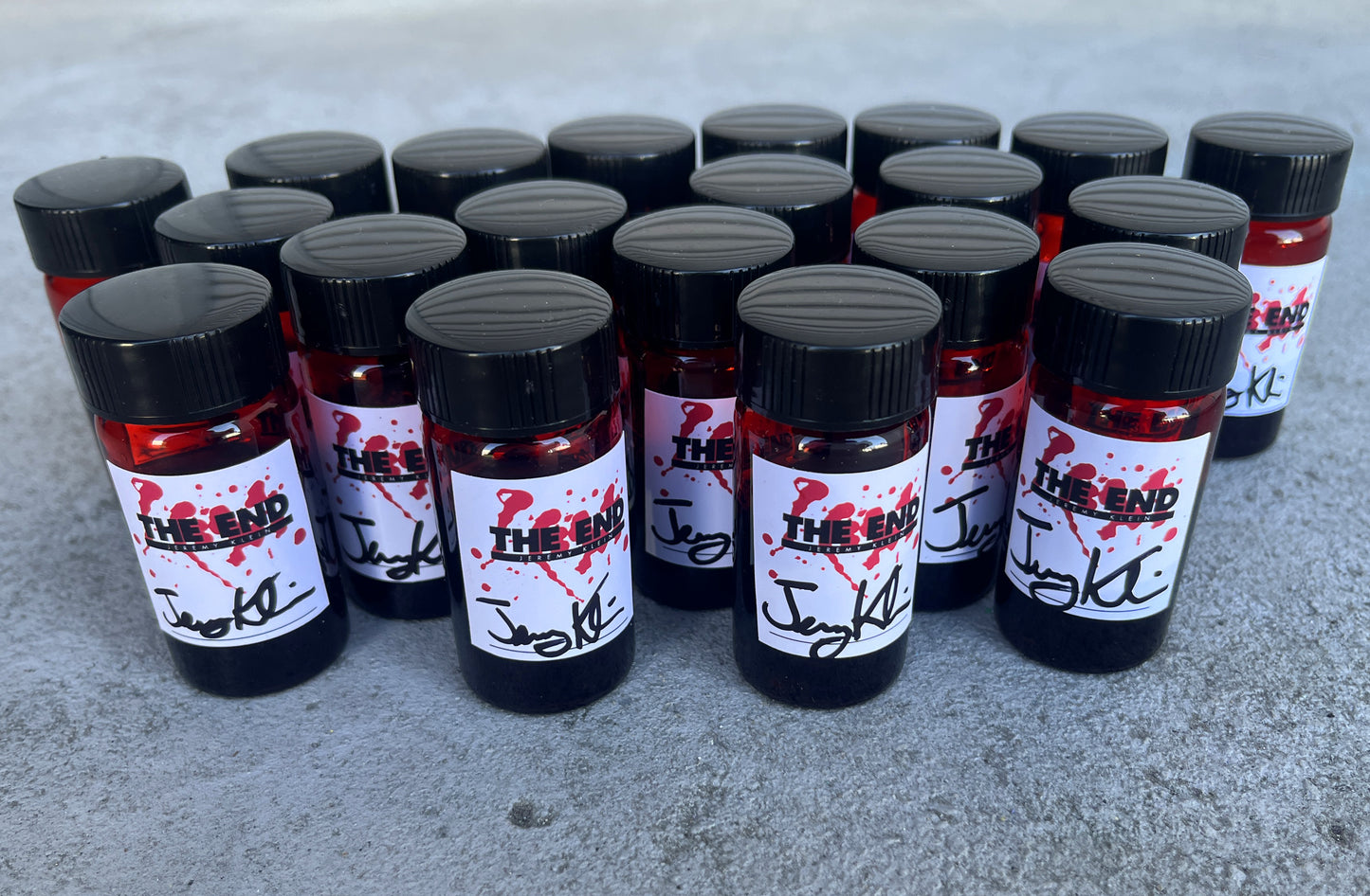 SIGNED jk the end 8.5 X 32.25 METALLIC GOLD w/ "blood" vile collectable