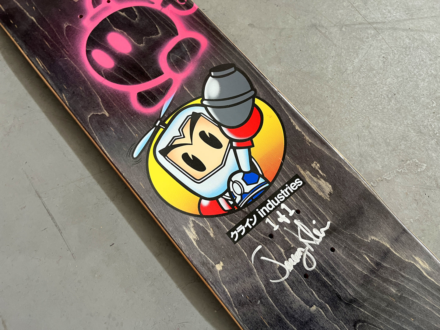 grenade man 8.0 X 31.75 BLUE/PURPLE/YELLOW ANODIZED MIXED PROCESS SIGNED 1 of 1