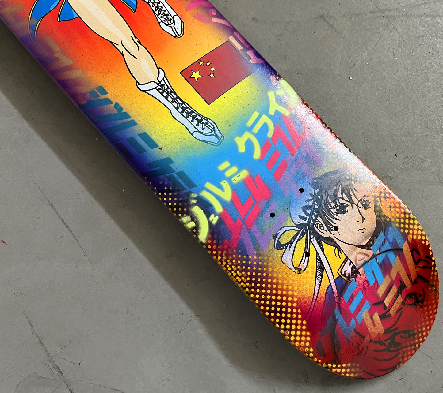 chun li workshop edition 8.0 X 31.75 YELLOW/RED/ORANGE ANODIZED MIXED PROCESS SIGNED 1 of 1