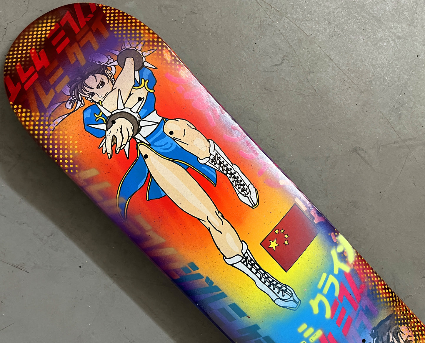 chun li workshop edition 8.0 X 31.75 YELLOW/RED/ORANGE ANODIZED MIXED PROCESS SIGNED 1 of 1