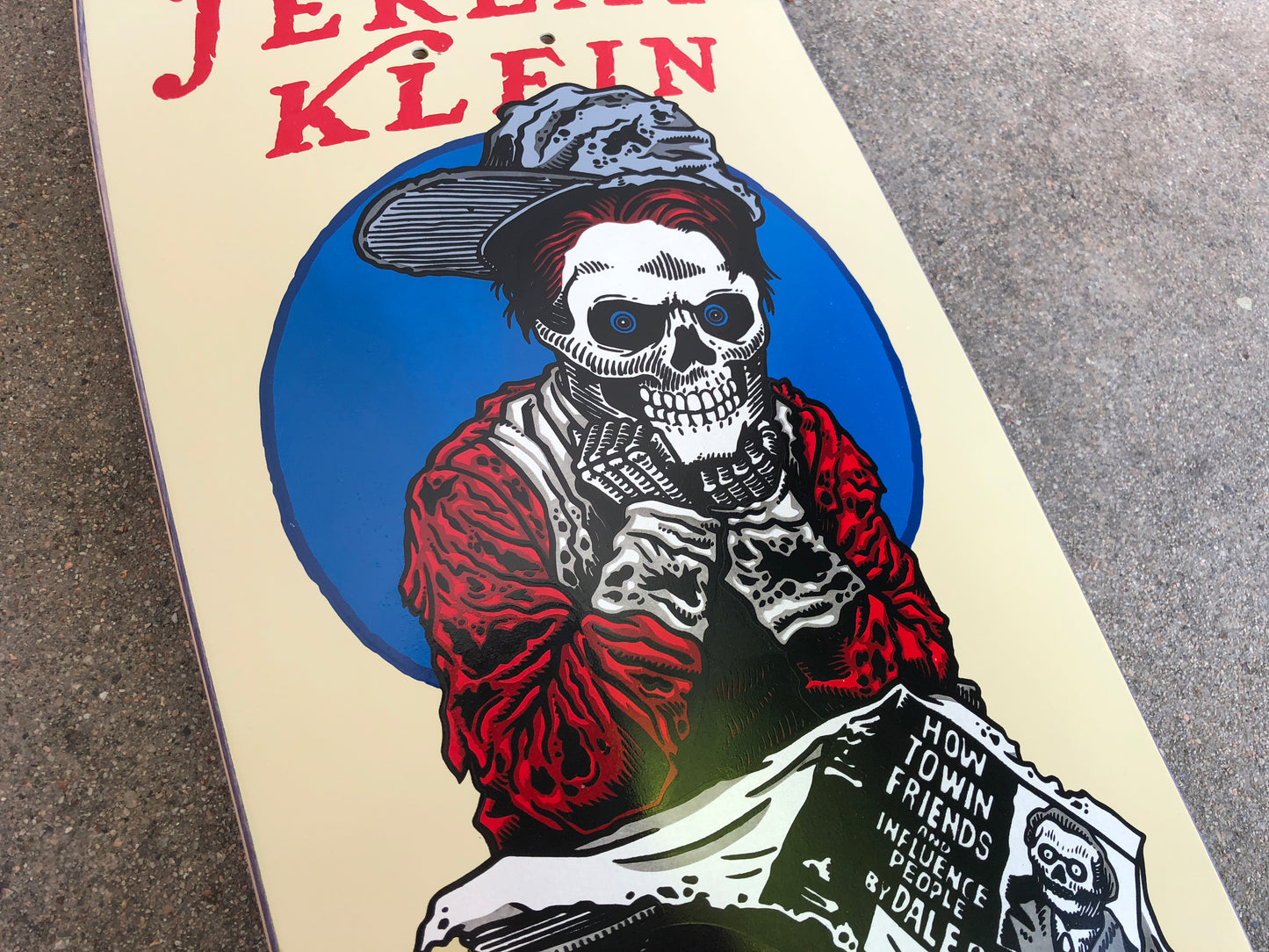 SIGNED black eye kid skull 9.5 X 31.75 wheelbase 14.25 hand screened
